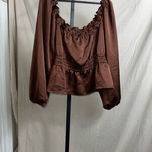 Eloquii size 24 Brown satin Off Shoulder Shirt cuffed sleeve